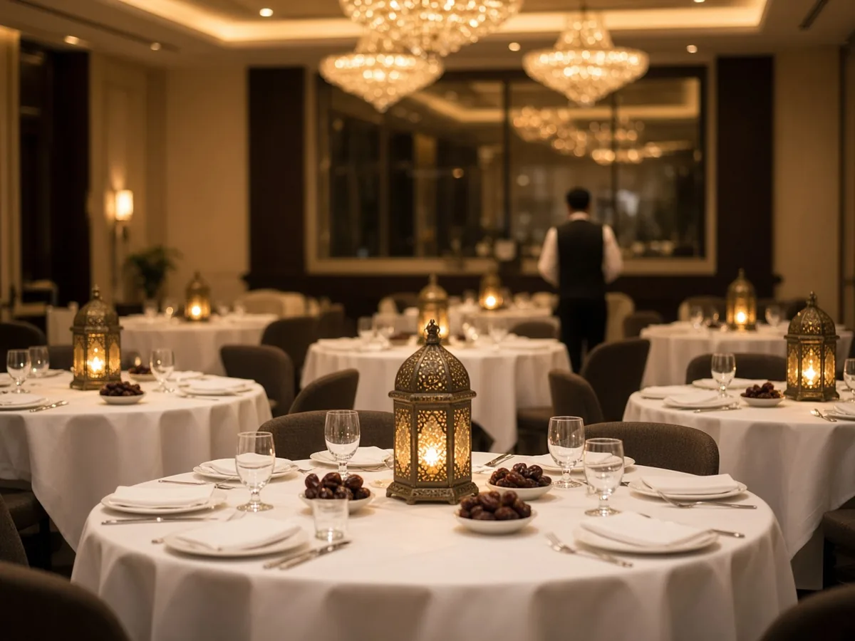 Otel iftar salonunda masa ortasında duran dekoratif fenerler