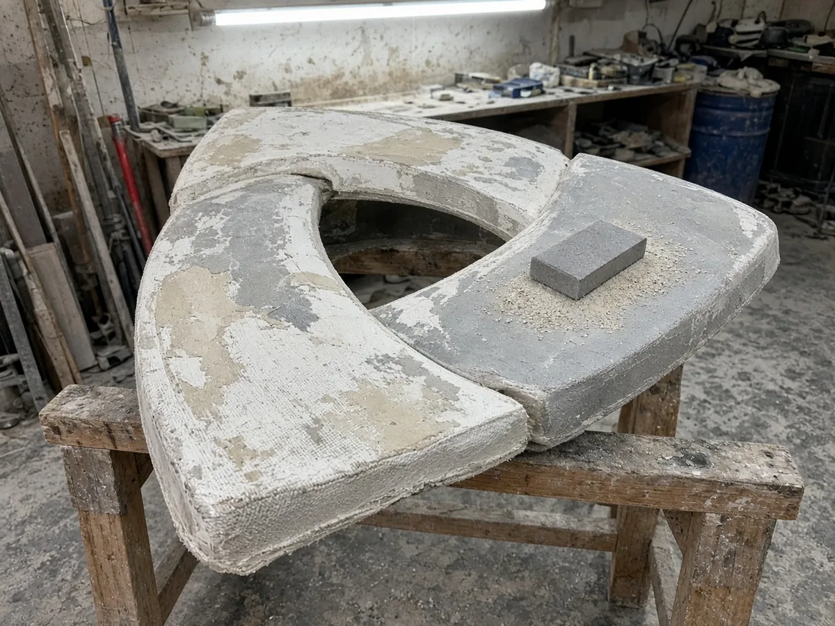 Atölyede sehpalar üzerinde zımpara ve dolgu aşamasındaki büyük fiberglass logo formu