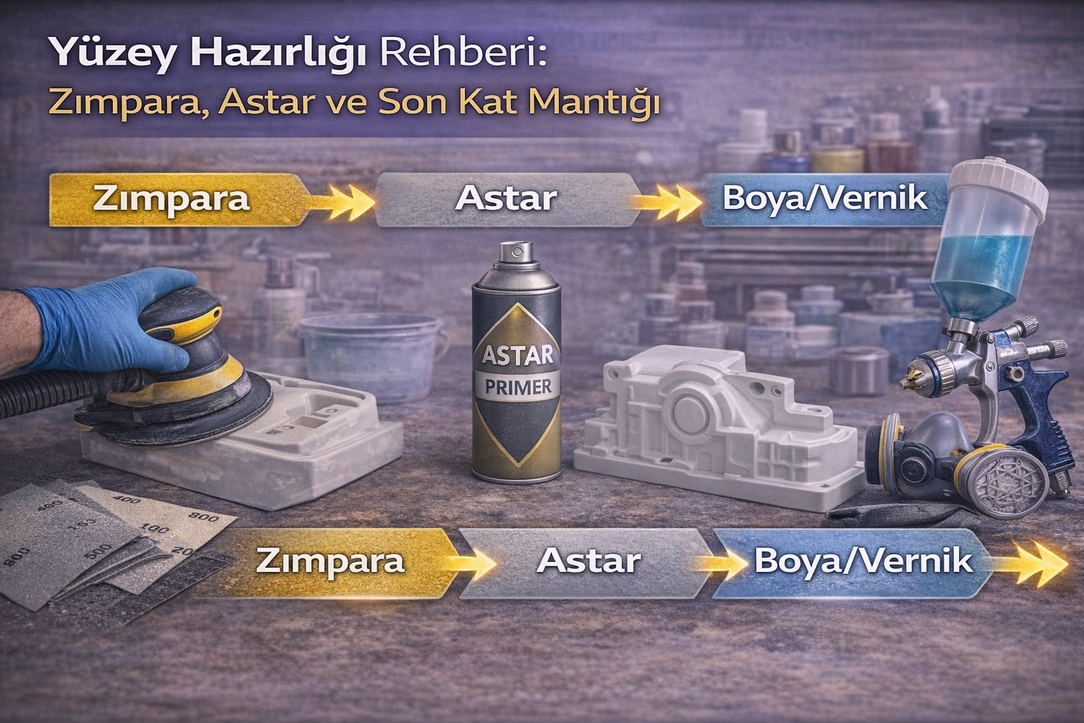 Zımpara, astar ve boya/vernik adımlarını gösteren yüzey hazırlığı rehberi kapak görseli; atölye ortamında zımpara makinesi, astar spreyi ve boya tabancası.