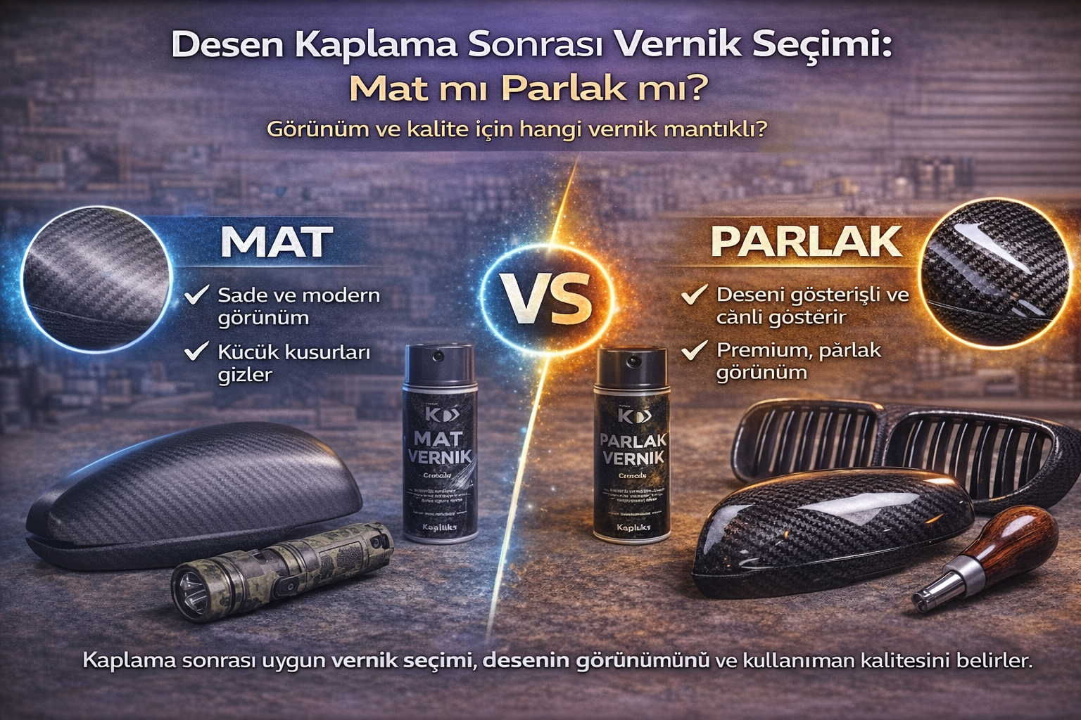 Mat ve parlak vernik seçeneklerini karşılaştıran, desen kaplamalı parça üzerinde iki farklı yüzey bitişini gösteren “Mat mı Parlak mı?” blog kapak görseli.
